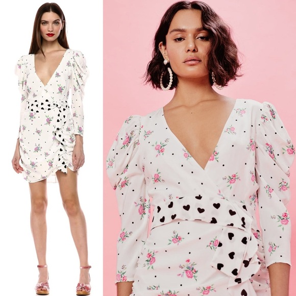 FOR LOVE LEMONS Floral Puff Sleeve Ruched Heart‎ Ruffle Belt Faux Wrap Dress XS - Picture 14 of 16